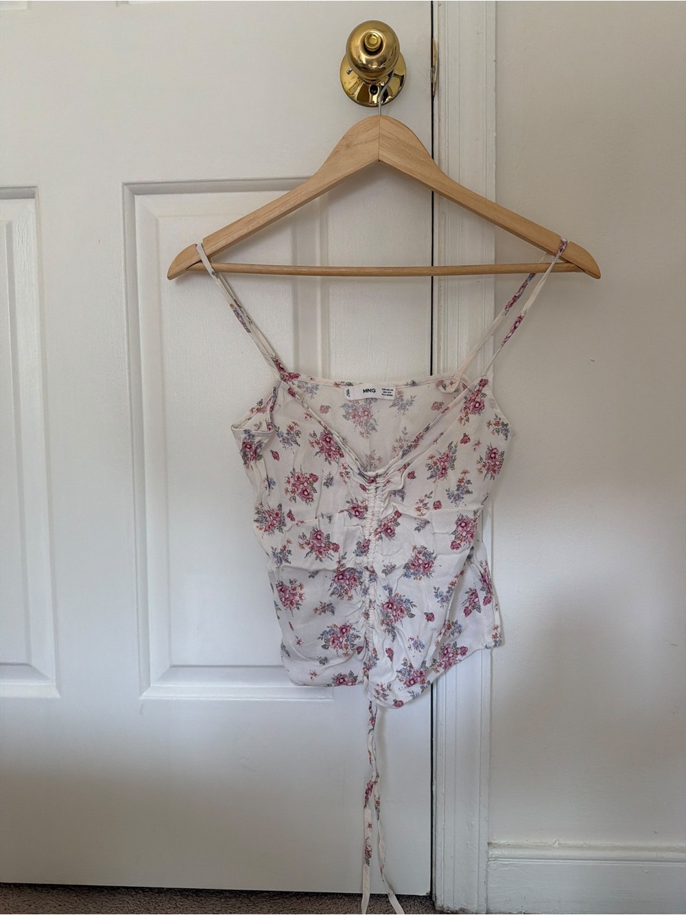 Mango White Floral Tie-Front Cami with Pink Roses